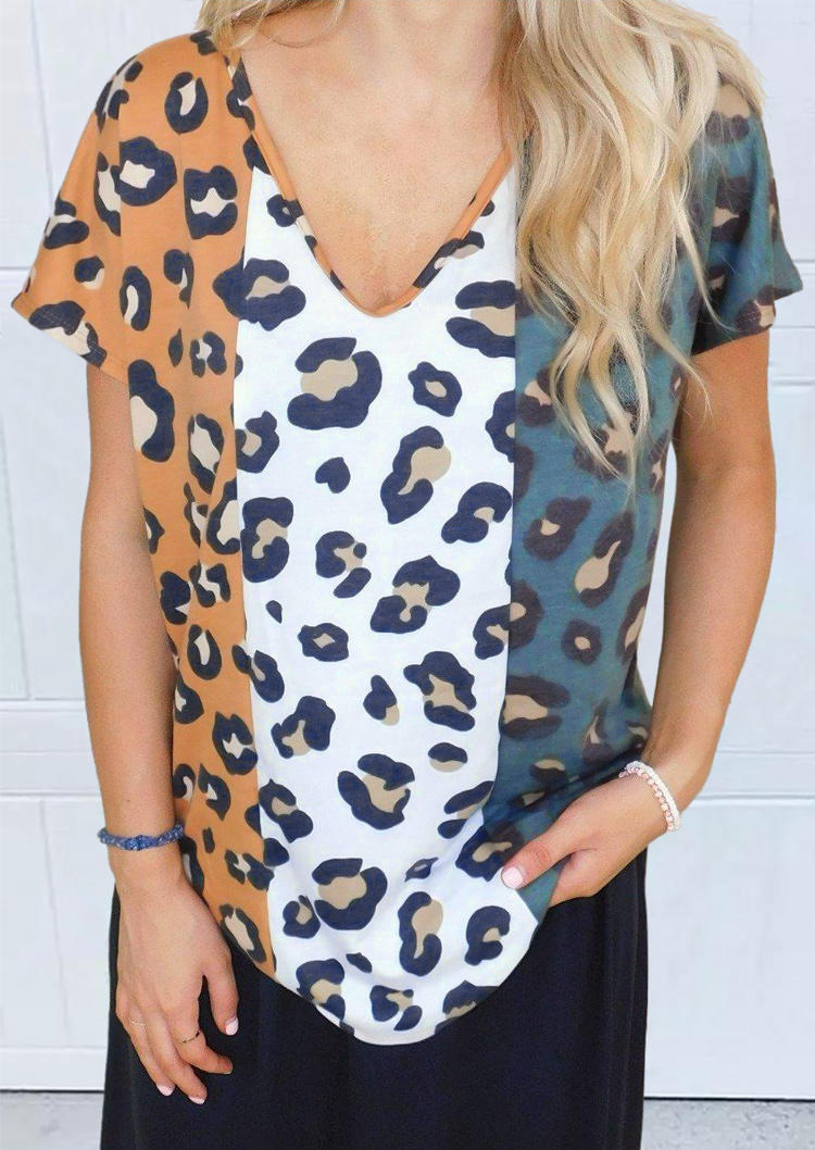 

Leopard Color Block V-Neck Blouse, Multicolor, 507931