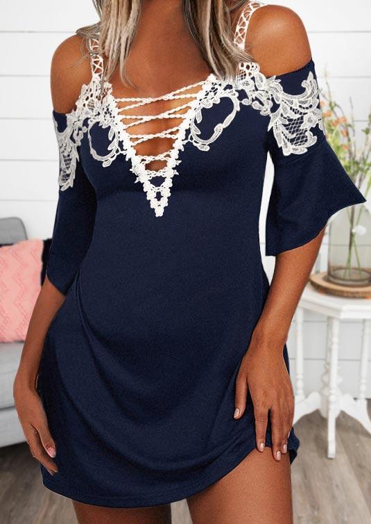 

Lace Criss-Cross Cold Shoulder Mini Dress - Navy Blue, 508204