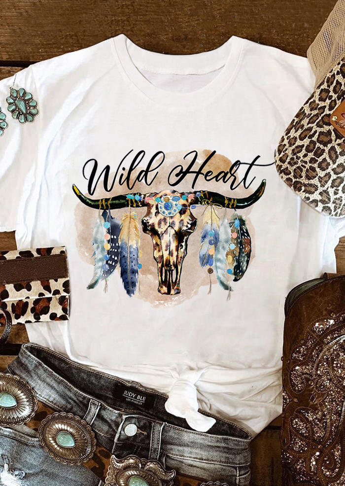 

Wild Heart Steer Skull Feather T-Shirt Tee - White, 509103