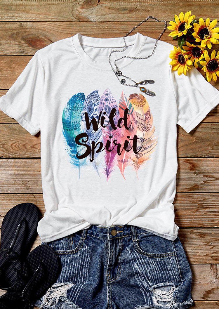 

Wild Spirit Colorful Feather T-Shirt Tee - White, 509120