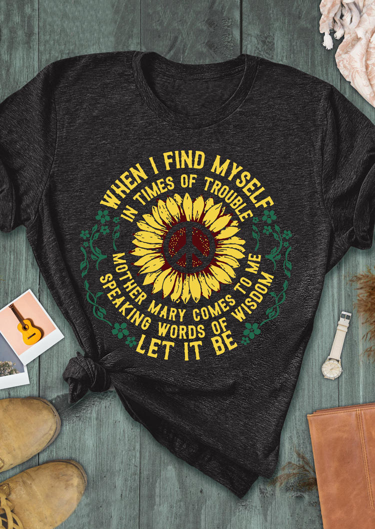 

Let It Be Floral Peace Sunflower T-Shirt Tee - Dark Grey, 509148
