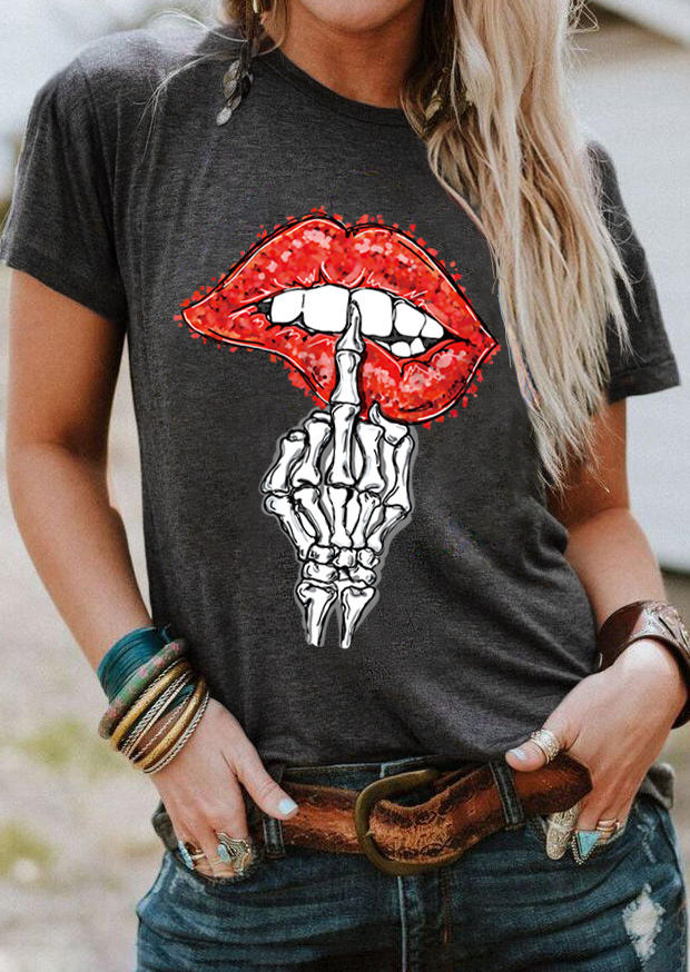 

Skeleton Hand Lips T-Shirt Tee - Dark Grey, 509274