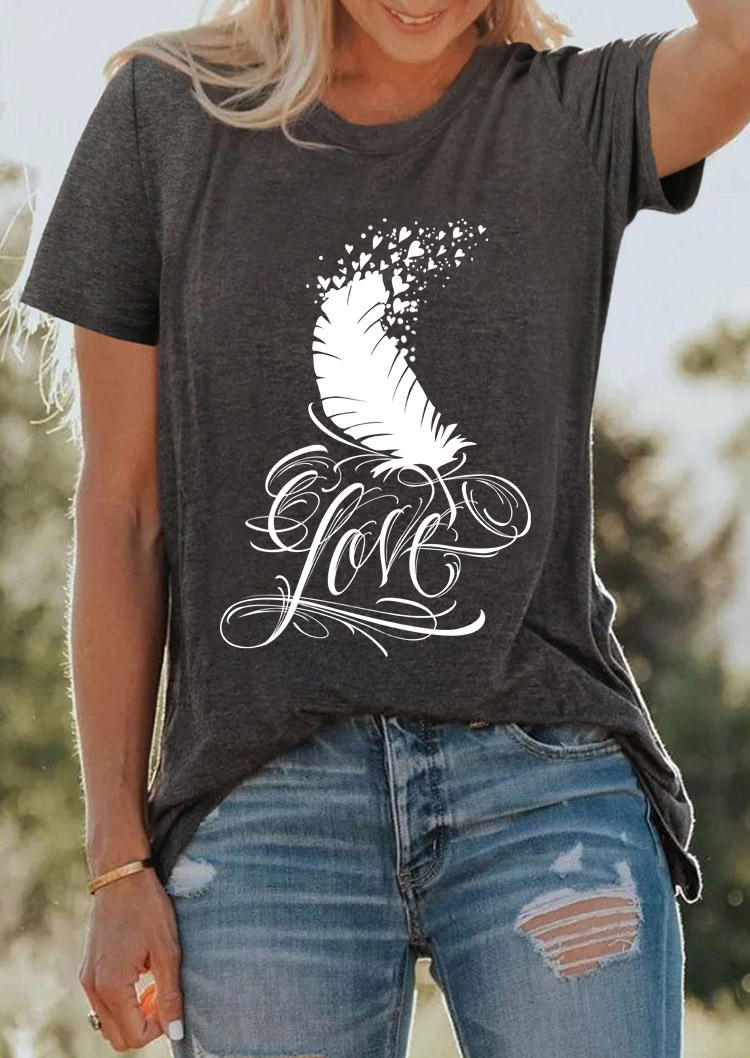 

Love Heart Feather O-Neck T-Shirt Tee - Dark Grey, 509579