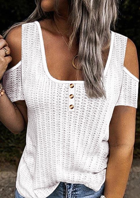 

Waffle Button Cold Shoulder Blouse - White, 509641