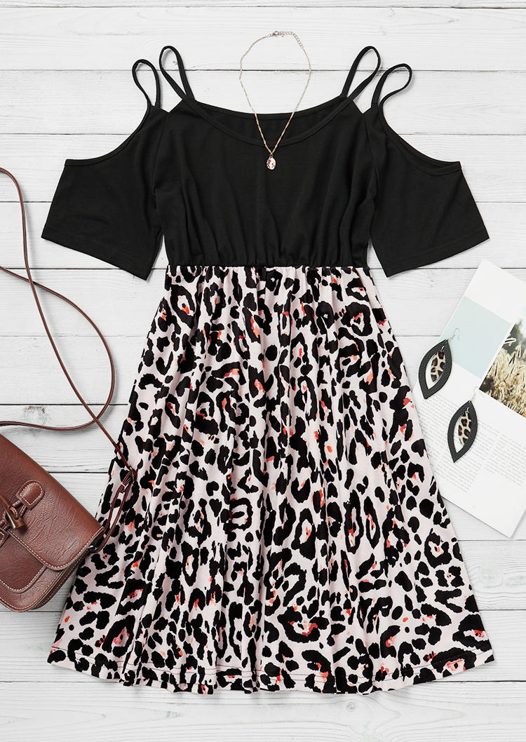 Kaufen Leopard Cold Shoulder Spaghetti Strap Mini Dress. Bild