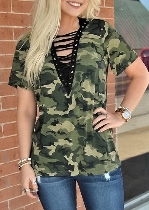 

Camouflage Lace Up Short Sleeve Blouse, Multicolor, 509649