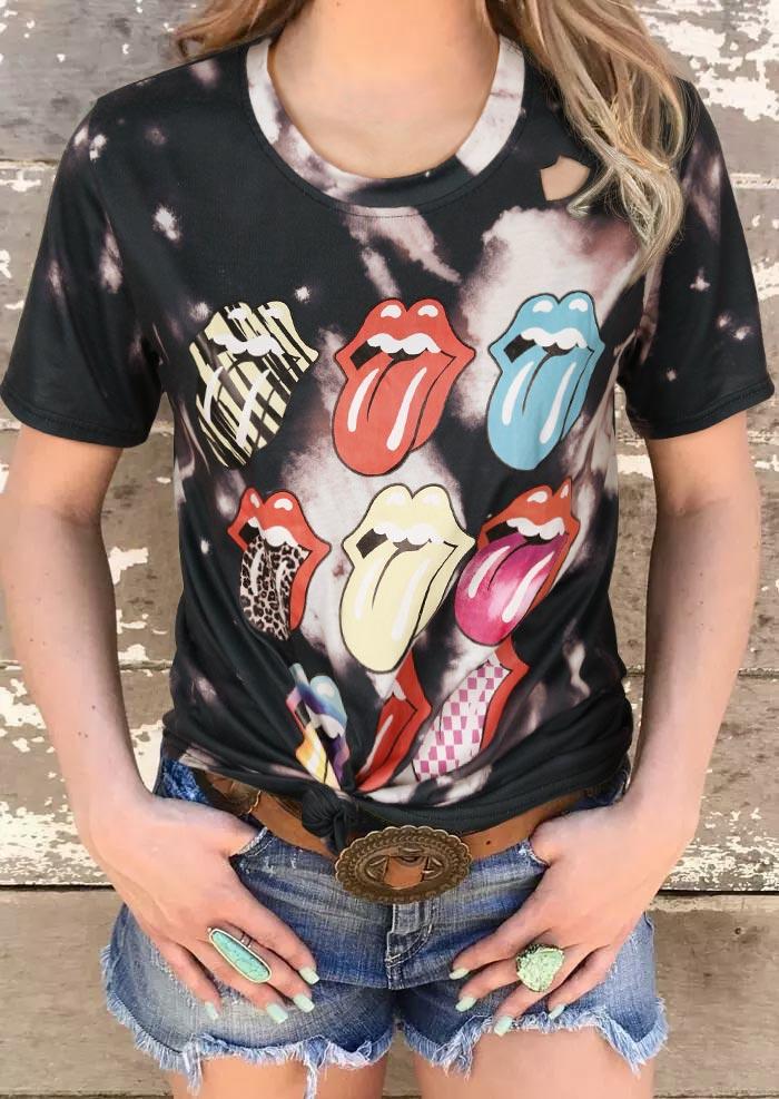 

Leopard Lips O-Neck T-Shirt Tee - Black, 509698