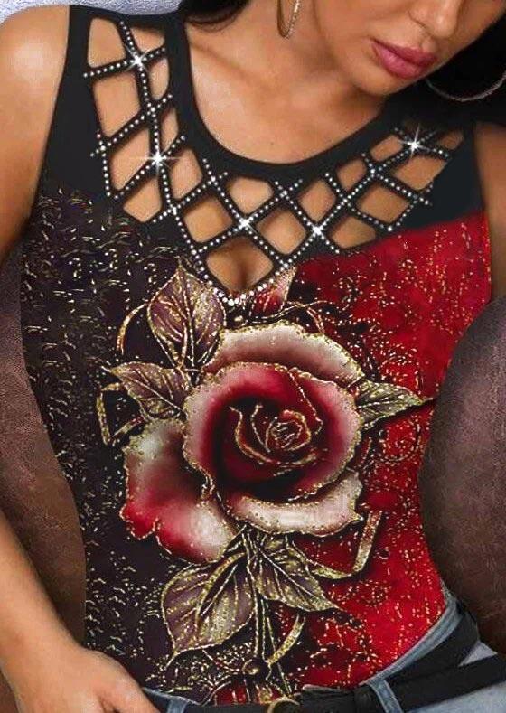 

Rose Rhinestone Criss-Cross Hollow Out Tank - Black, 509700