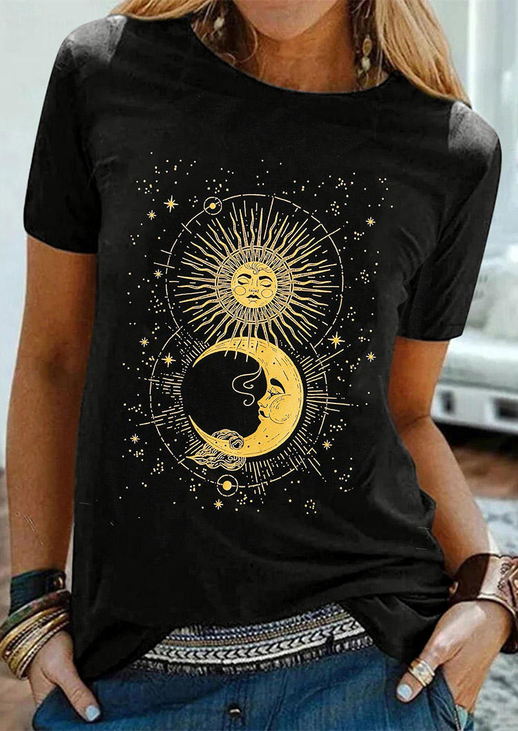 

Sun Moon O-Neck T-Shirt Tee - Black, 509719