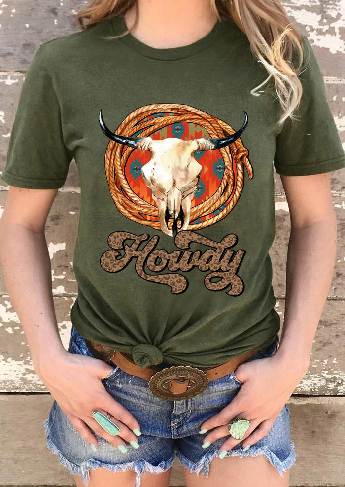 

Leopard Howdy Steer Skull T-Shirt Tee - Army Green, 509794