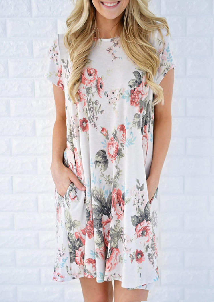 

Floral Pocket O-Neck Mini Dress - White, 509801