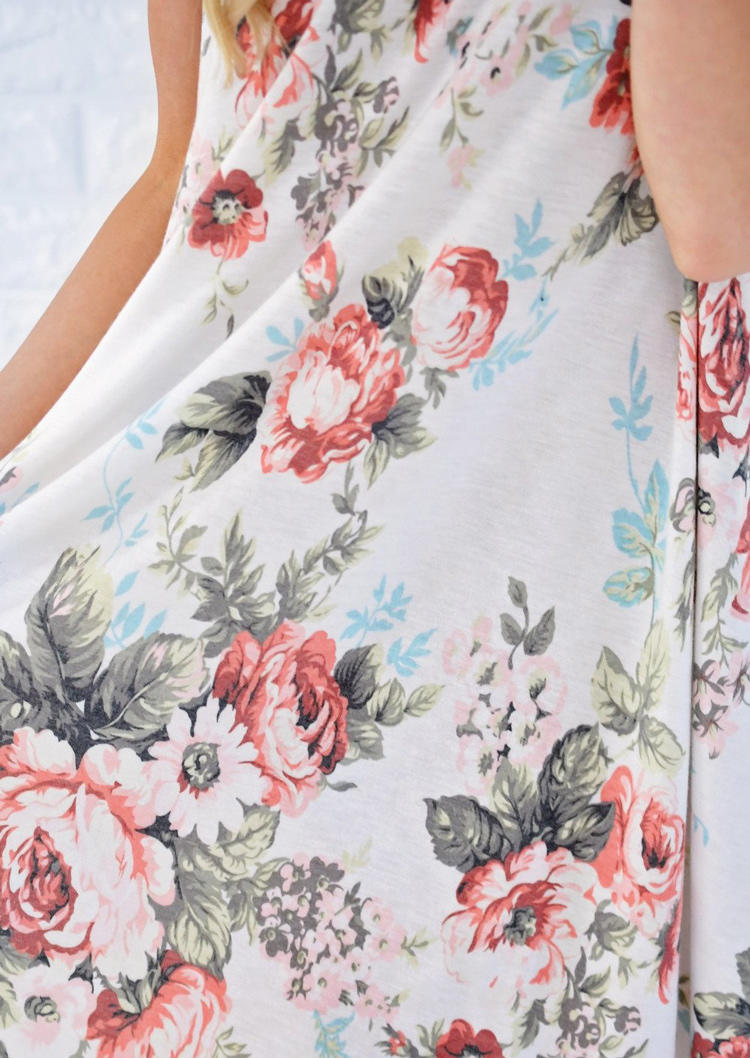 Floral Pocket O-Neck Mini Dress - White