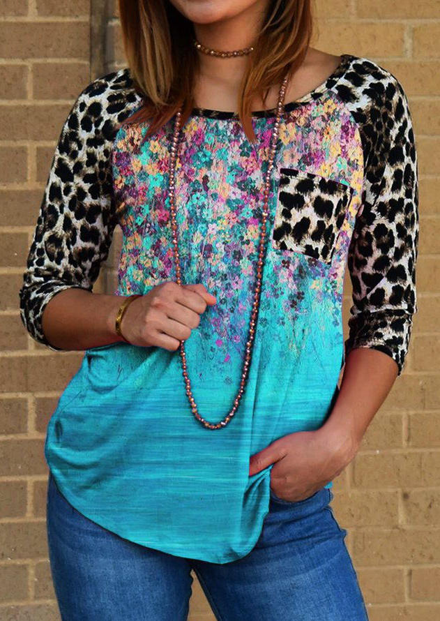 

Colorful Floral Oil Painting Leopard Pocket Blouse, Multicolor, 509815