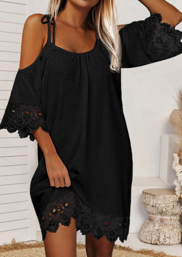 

Hollow Out Lace Splicing Spaghetti Strap Tie Mini Dress - Black, 508238