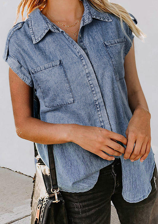 

Pocket Button Turn-Down Collar Denim Blouse - Blue, 509679