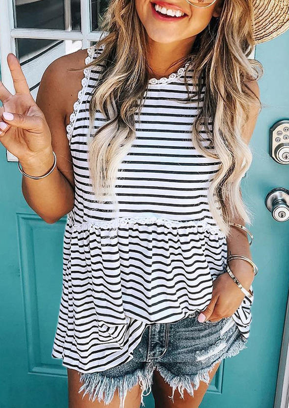 

Striped Button Hollow Out Sleeveless Tank, Stripe, 509799