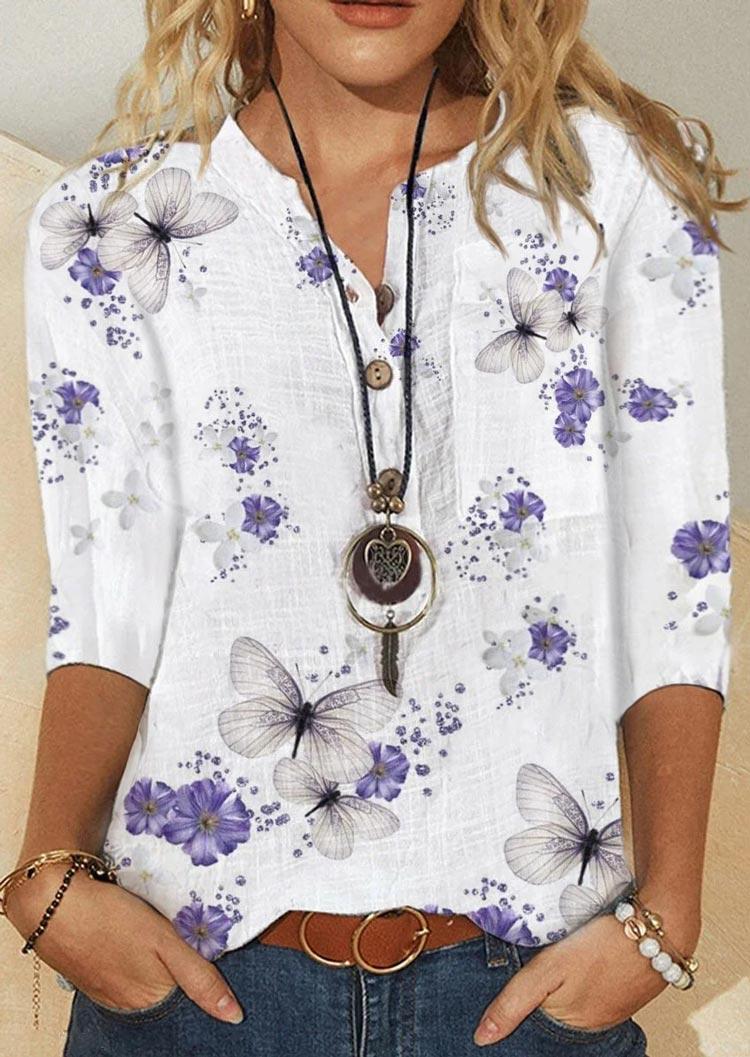 

Floral Button Pocket Blouse - White, 509829