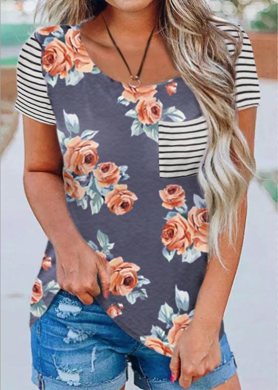 

Striped Floral O-Neck Short Sleeve Blouse, Multicolor, 509830