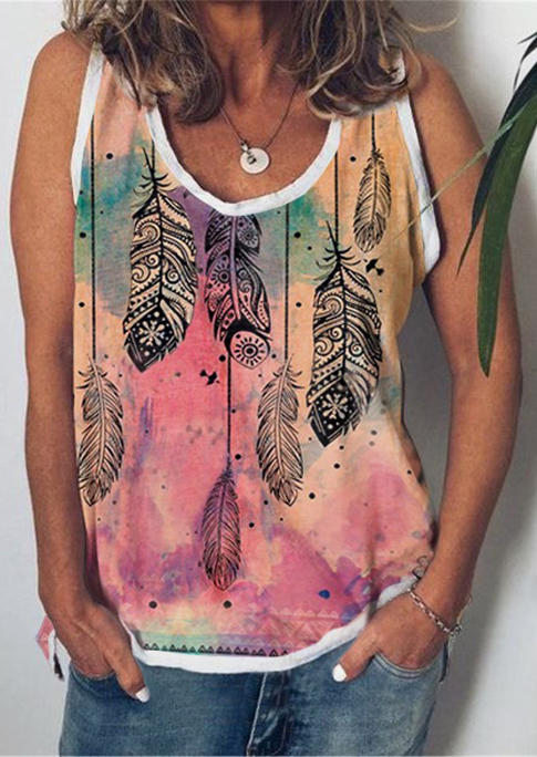 

Tie Dye Feather O-Neck Casual Tank, Multicolor, 509842