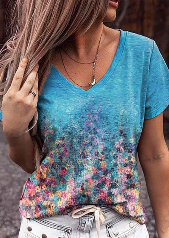 

Floral Oil Painting V-Neck Blouse - Cyan, 509844