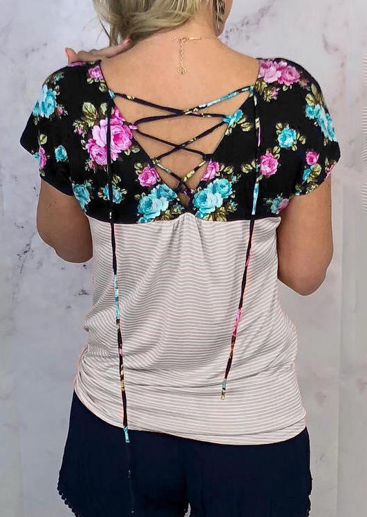 

Floral Striped Lace Up Criss-Cross Blouse, Multicolor, 509864