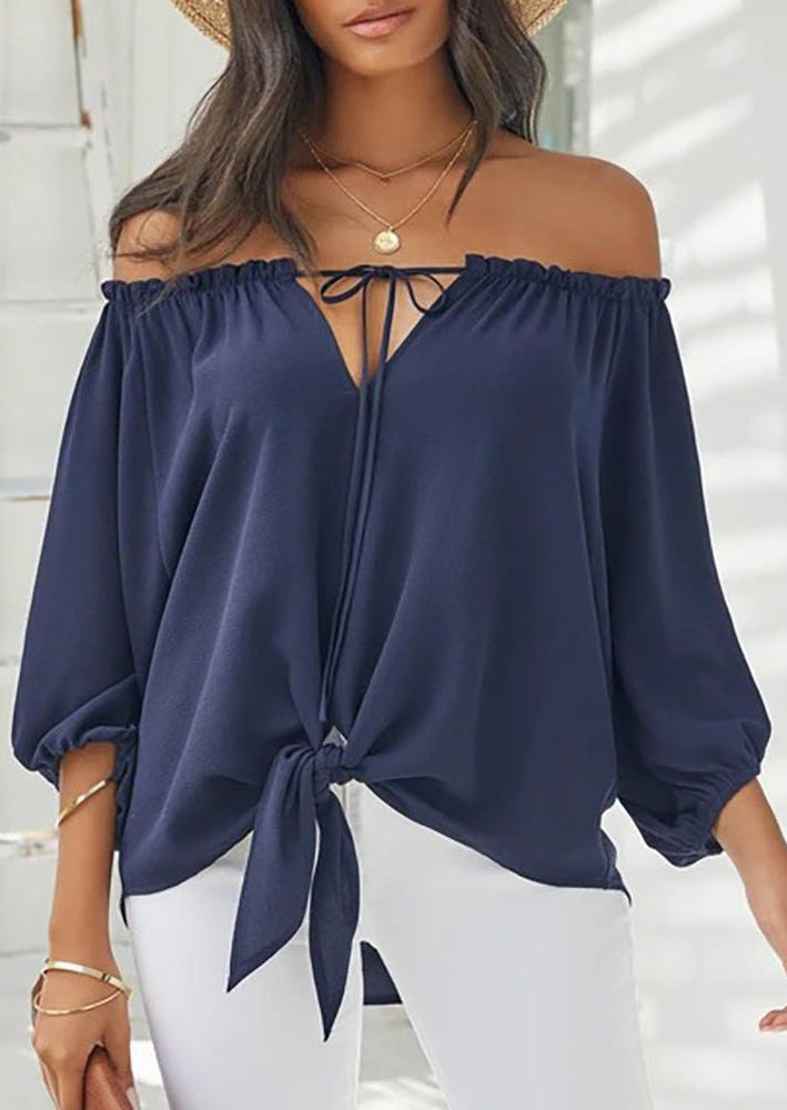 

Ruffled Off Shoulder Tie Elastic Cuff Blouse - Deep Blue, 509874