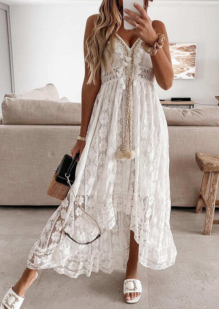 Lace Irregular Spaghetti Strap Maxi Dress - White, 509916