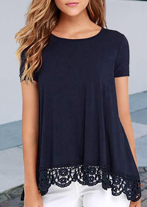 

Hollow Out Lace Splicing Asymmetric Blouse - Navy Blue, 509931