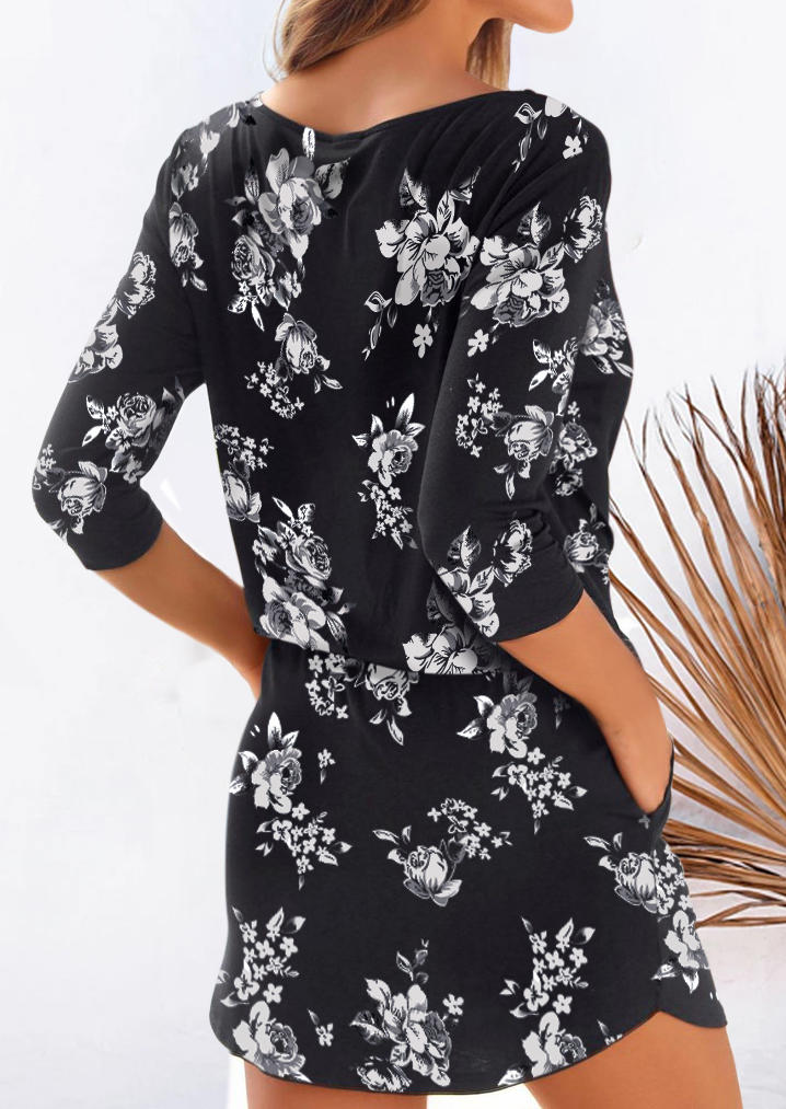 Floral Pocket Drawstring Elastic Waist Mini Dress - Black