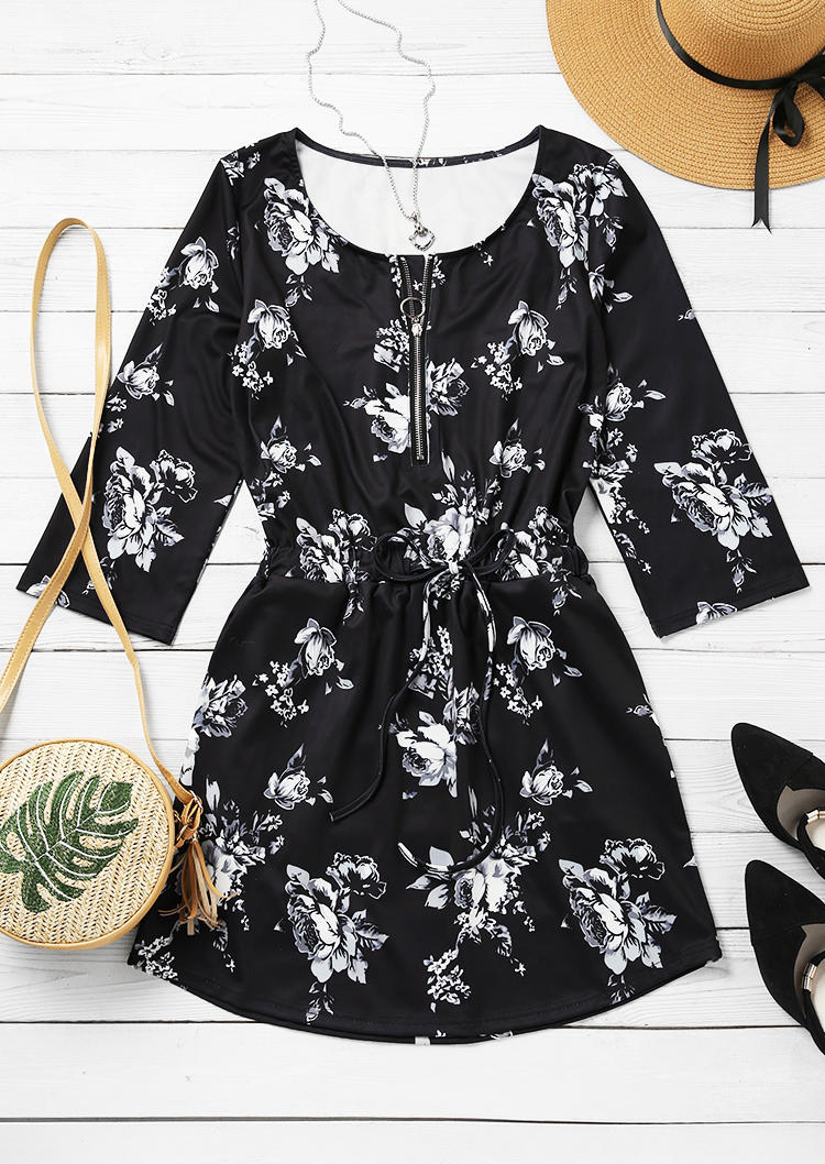 Floral Pocket Drawstring Elastic Waist Mini Dress - Black