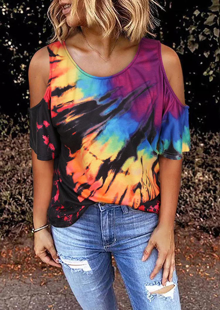 

Reverse Tie Dye Rainbow Cold Shoulder Blouse, Multicolor, 509169