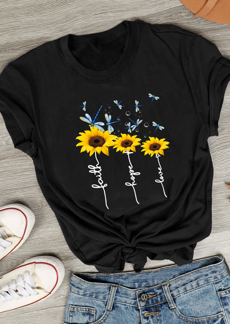 

Dragonfly Sunflower Faith Hope Love T-Shirt Tee - Black, 509589