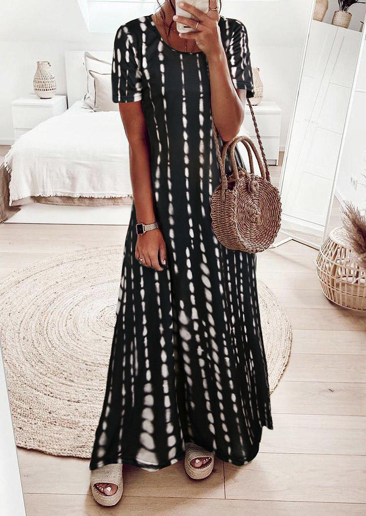 

Tie Dye O-Neck Big Hem Maxi Dress - Black, 509666