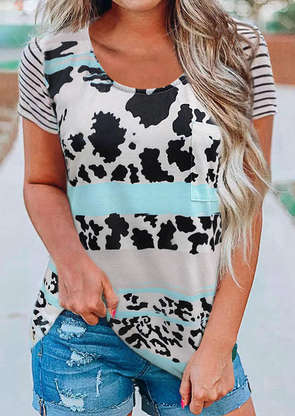 

Cow Color Block Striped Pocket Blouse, Multicolor, 509723