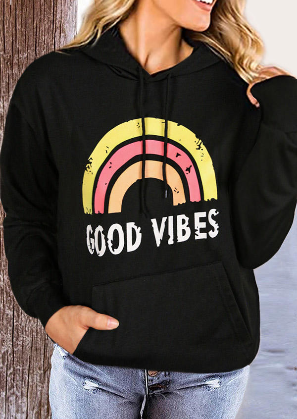 

Good Vibes Rainbow Kangaroo Pocket Hoodie - Black, 509870
