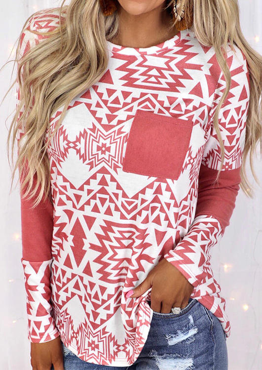 

Pocket Geometric O-Neck Long Sleeve Blouse - Red, 509914