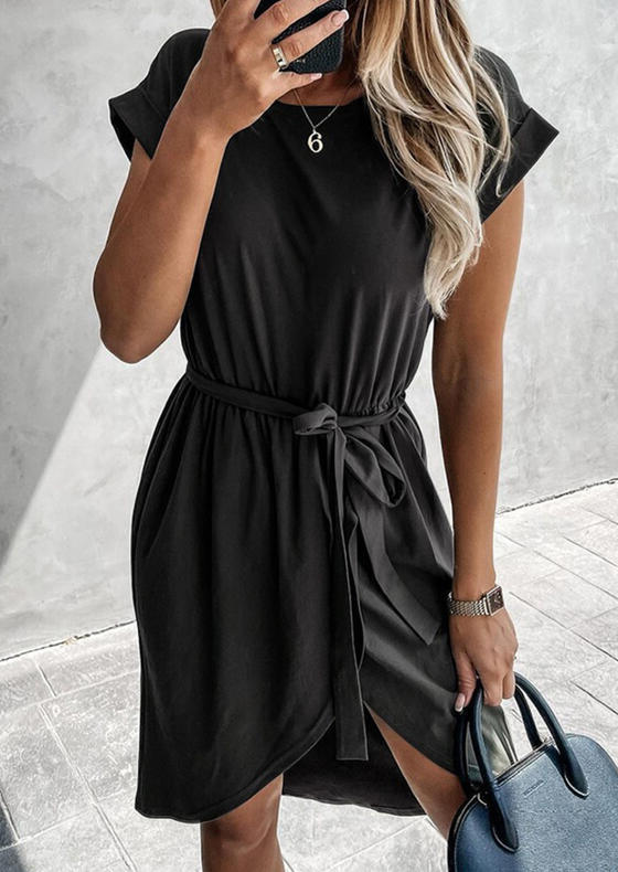 

Irregular O-Neck Cap Sleeve Tunic Mini Dress - Black, 510038