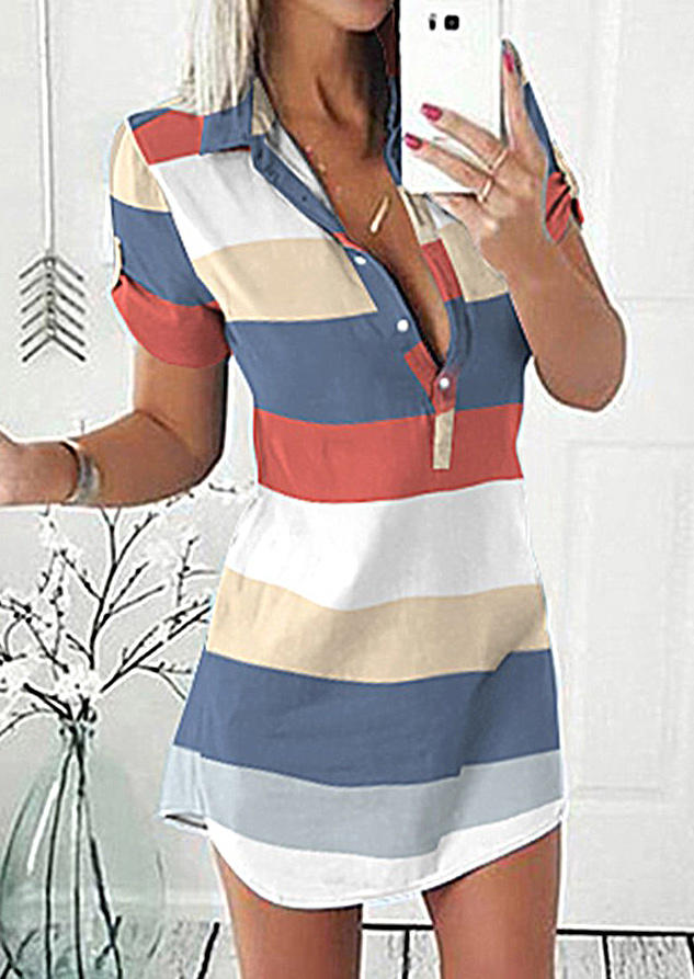 

Colorful Striped Color Block Button Mini Dress, Multicolor, 510069