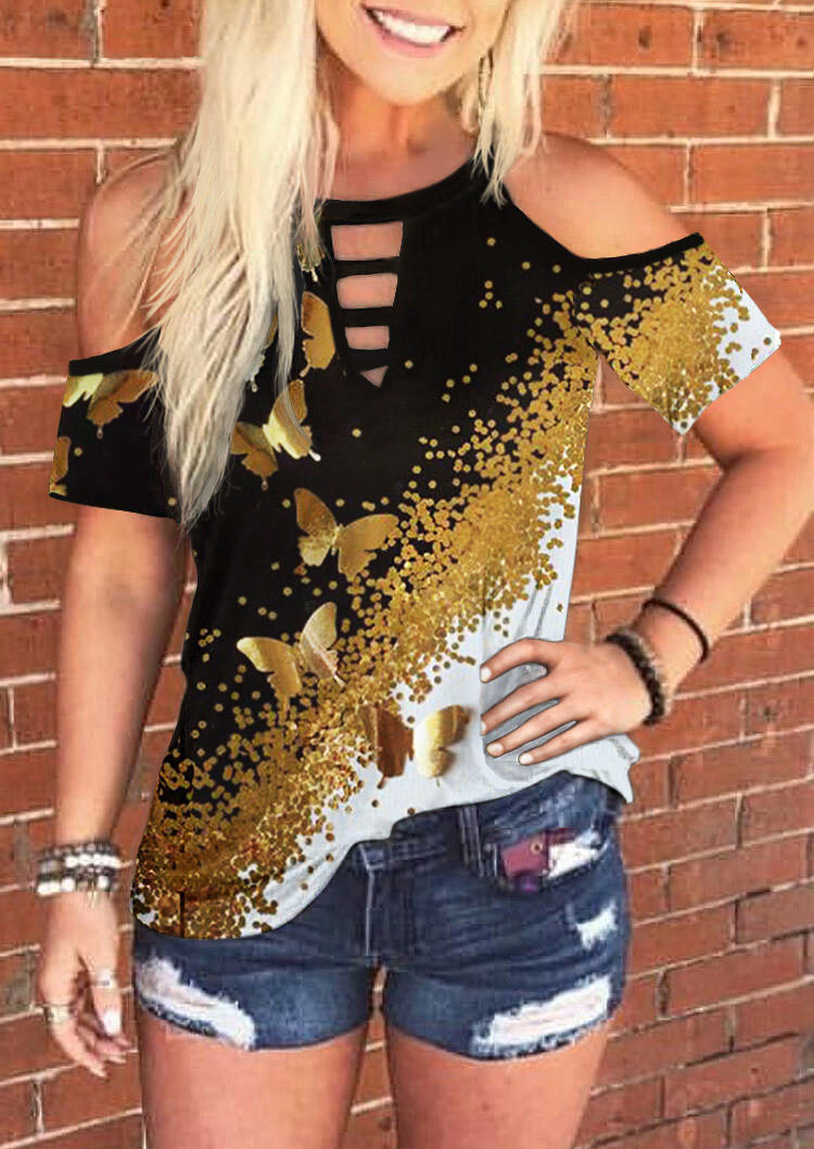 

Butterfly Gradient Keyhole Neck Cold Shoulder Blouse - Black, 510187