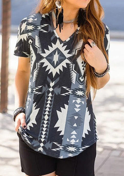

Aztec Geometric V-Neck Blouse, Multicolor, 509104