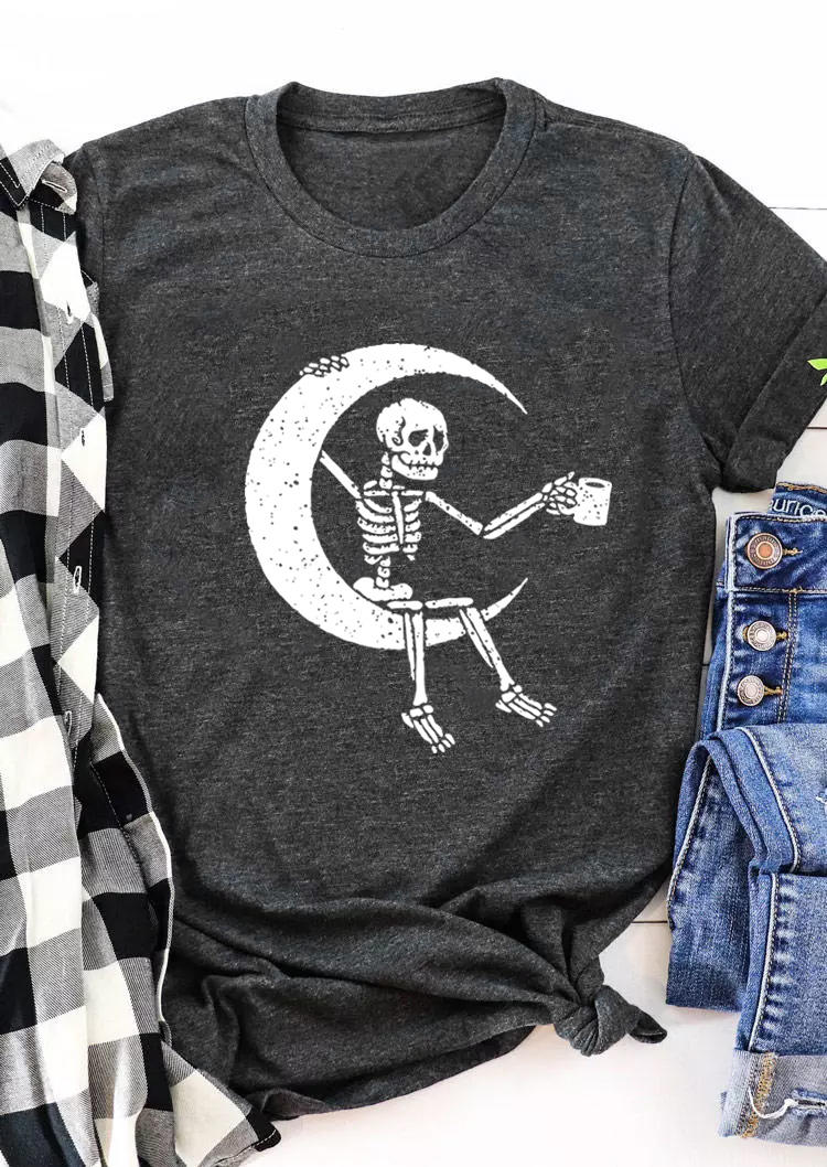 Skeleton Moon T-Shirt Tee - Dark Grey