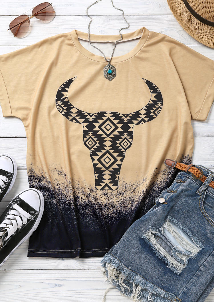 Aztec Steer Skull Gradient T-Shirt Tee - Khaki