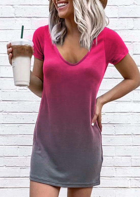 

Gradient Short Sleeve Mini Dress - Rose Red, 510013