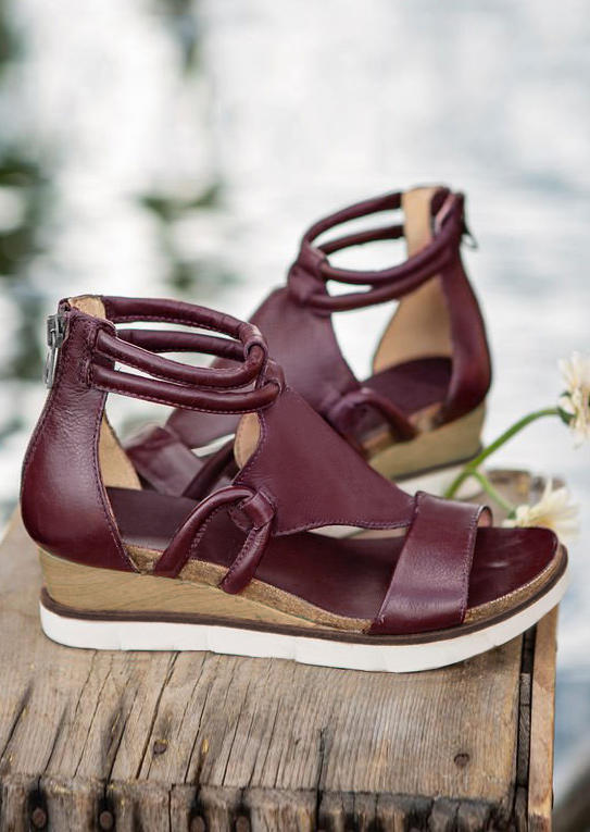 

Breathable Hollow Out Zipper Wedged Sandals - Burgundy, 510083