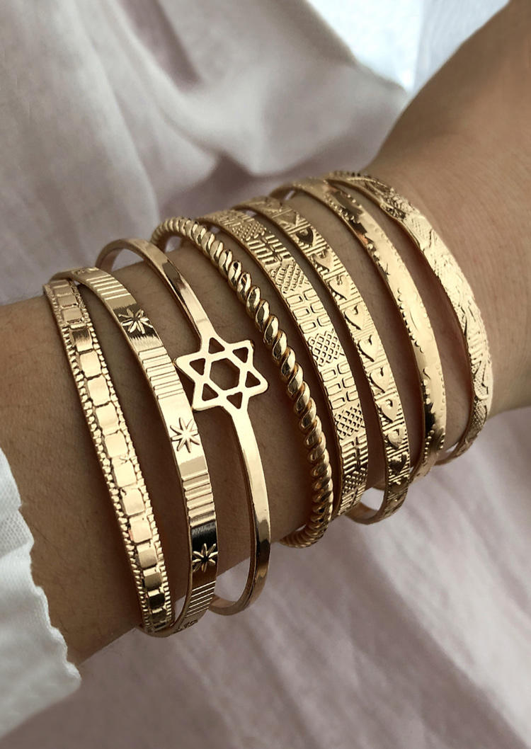 

8Pcs Floral Heart Open Adjustable Alloy Bracelet Set - Gold, 510108
