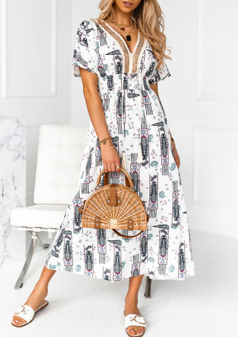 

Patchwork Short Sleeve V-Neck Midi Dress - White, 510111