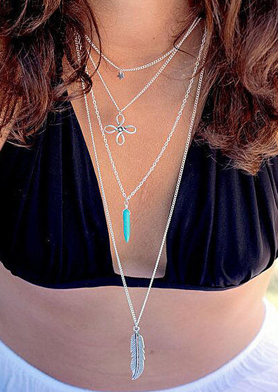 

Bohemian Star Feather Turquoise Multi-Layered Necklace, Silver, 510172