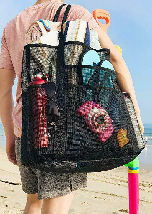 

Oversized Multi-Pocket Mesh Beach Tote Bag, Black, 510196
