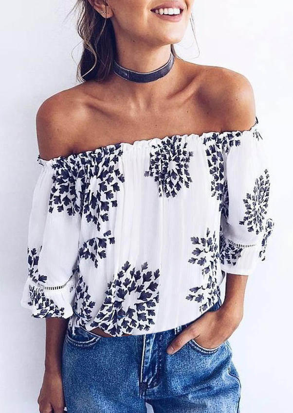 

FLoral Hollow Out Off Shoulder Blouse - White, 510197
