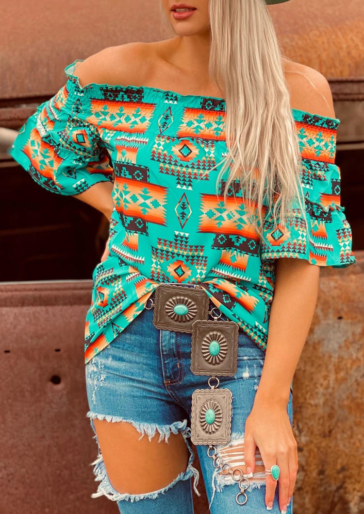 

Aztec Geometric Ruffled Off Shoulder Blouse - Green, 510234